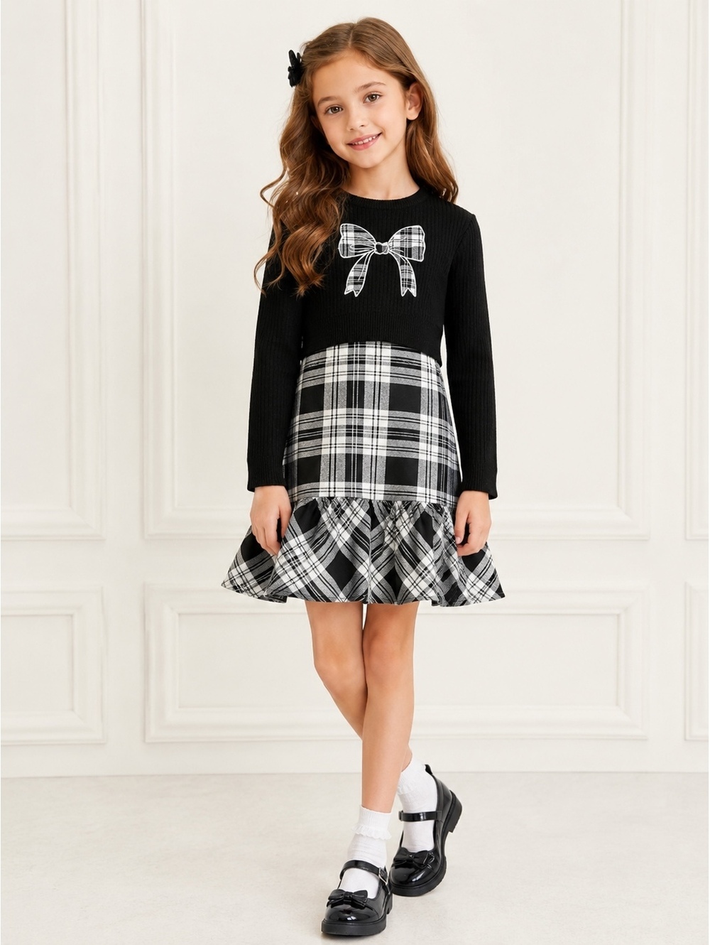 Rare Editions Girls 2-Piece Bow Sweater Plaid Dress Set Black White NWT Size 8